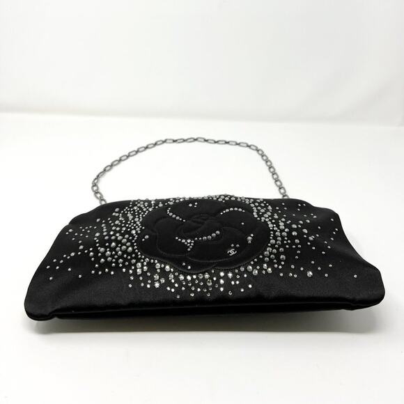 Chanel Satin Crystal Camellia Evening Bag Black Rare Chain Strap Clutch - Picture 6 of 13